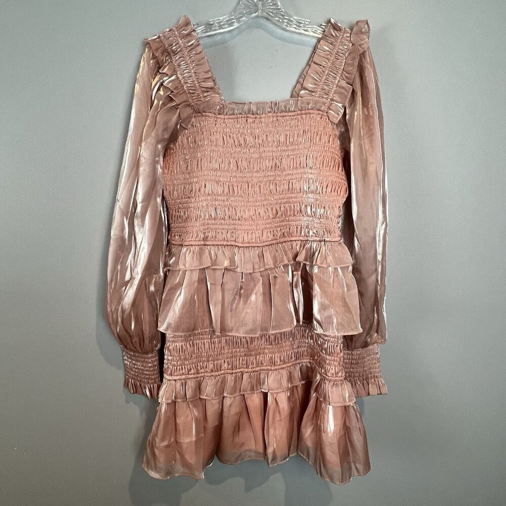 Endless Rose Pink Metallic Sheen Mini Dress Long Sleeve Ruffle Size Medium‎ NWT